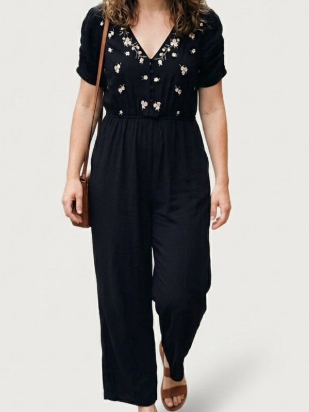 ASOS DESIGN Embroidered Ruched Sleeve Jumpsuit in Black